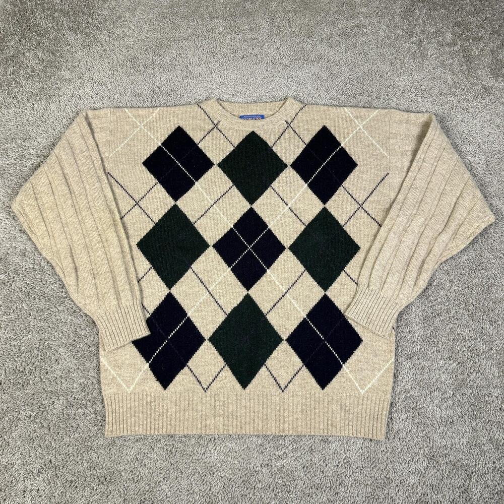 Pendleton Sweater Mens L Beige Argyle Diamond Crew Neck Wool Pullover Classic